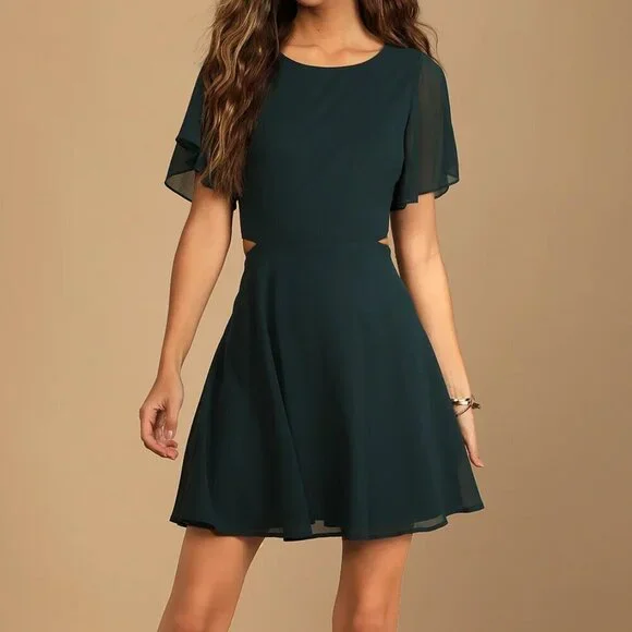 Like New Lulus Blissful Love Cutout Mini Skater Dress, Dark Green, Size Small - Picture 1 of 6
